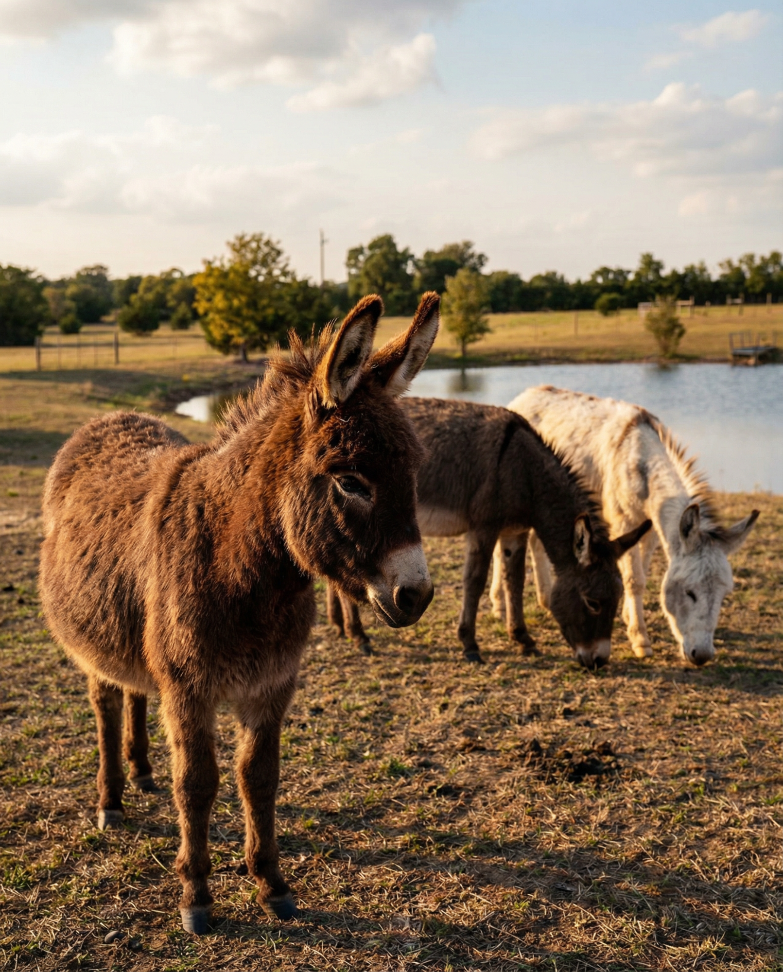 Three miniature donkeys grazing on our Texas ranch